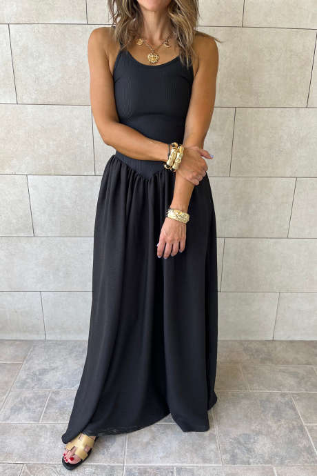 Robe longue noire à fines bretelles et taille basse, patchwork côtelé LC6128640-P2