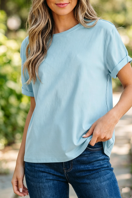 Myosotis Solid Color Round Neck Casual T Shirt LC25230993-P1204