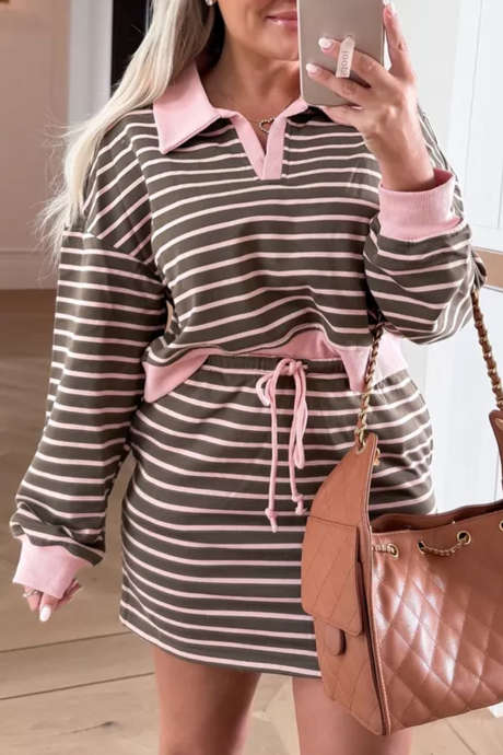 Brown Stripe Contrast Trim Collar Cropped Pullover Drawstring Skirt 2pcs Outfit