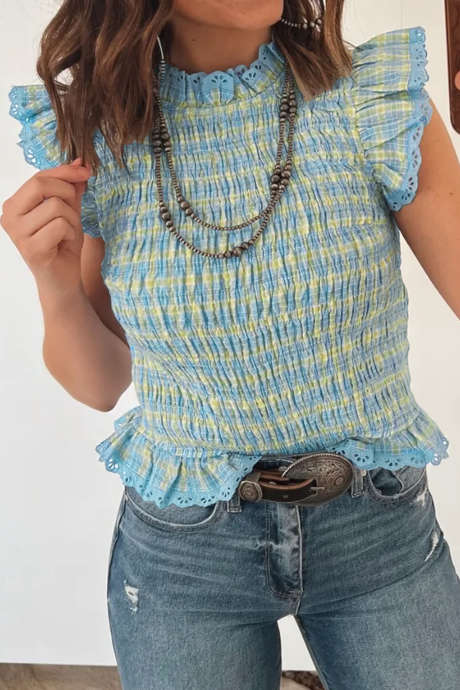 Tank Top na Pinausukang Lace Trim na may Maraming Kulay na Gingham