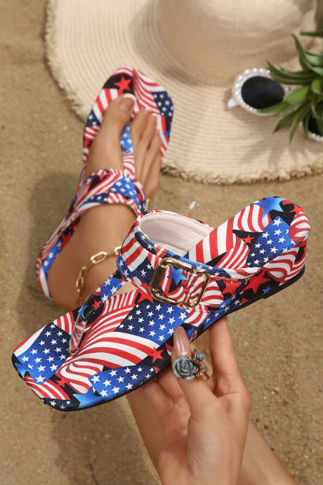 Nagliliyab na Pula na 4.5cm na Takong na may Wedge na May Disenyo ng Bandila ng Patriotiko Kaswal na Sapatos na Pang-tag-init na Flop Flops BH024435-P3