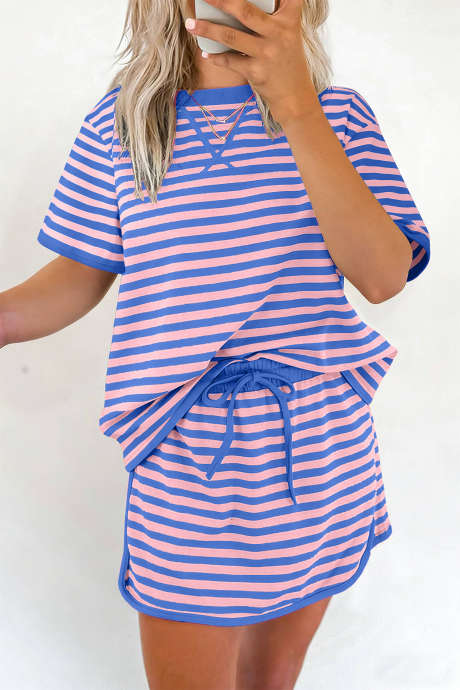 Ensemble haut et jupe à rayures bleues, ample, à manches courtes
