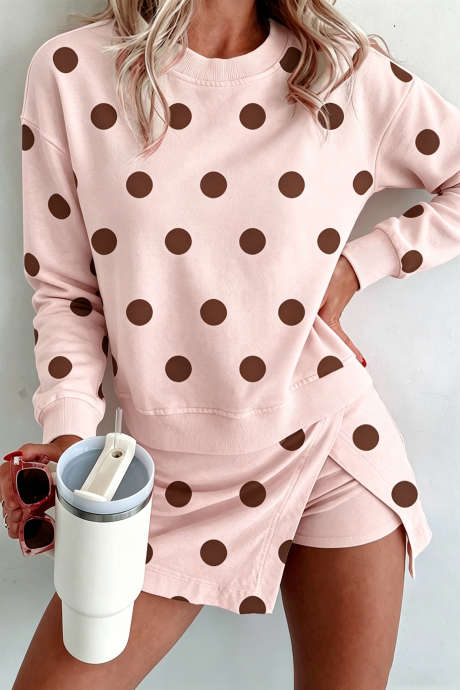 Pink na Polka Dot na Long Sleeve na Pang-itaas na Split Skort na Dalawang Piraso Set