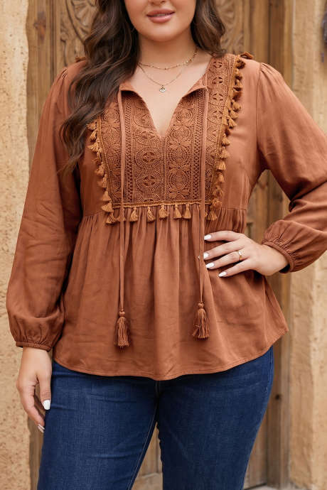 Chestnut Boho Tunic Top V Neck Long Sleeve Burdado Knot Detail Shift Silhouette