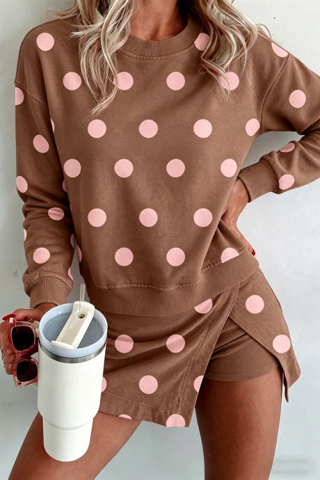 Set ng Dalawang Piraso na Brown Polka Dot Long Sleeve Top Split Skort