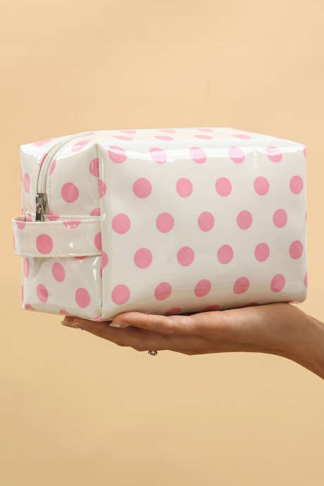 Pochette per trucchi rosa in PVC resistente con stampa a pois