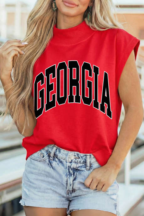 Racing Red GEORGIA Letter Print Game Day High Neck Short Sleeve Top