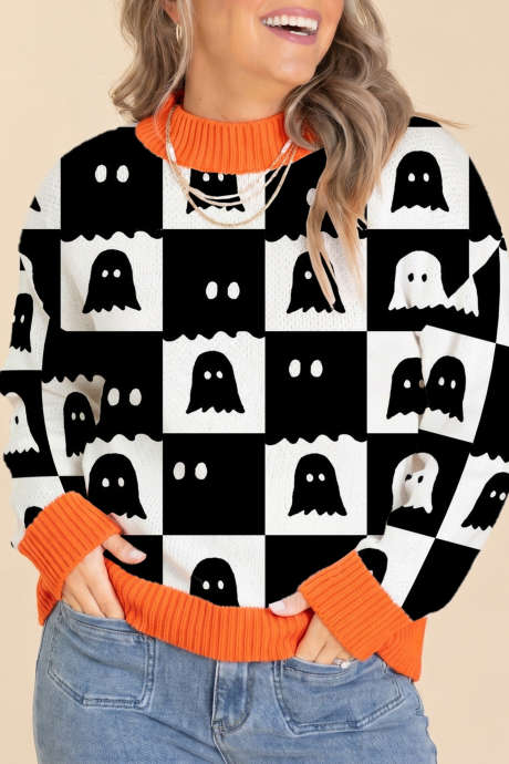Itim na Geometric Ghost Print Color Block Mock Neck Loose Sweater