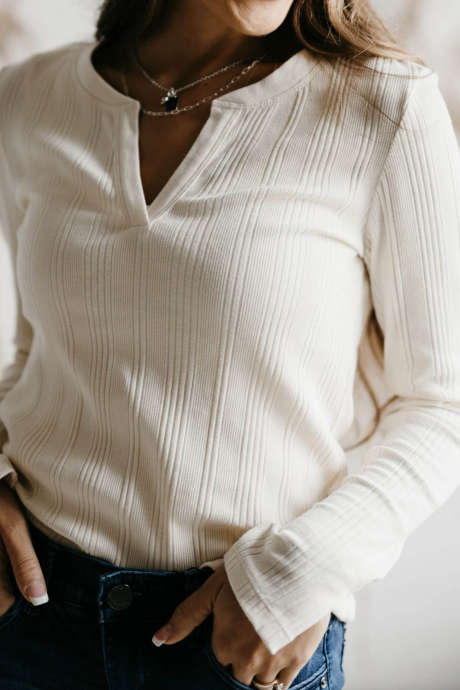 White Casual Split V Neck Long Sleeve Ribbed Knit Pullover