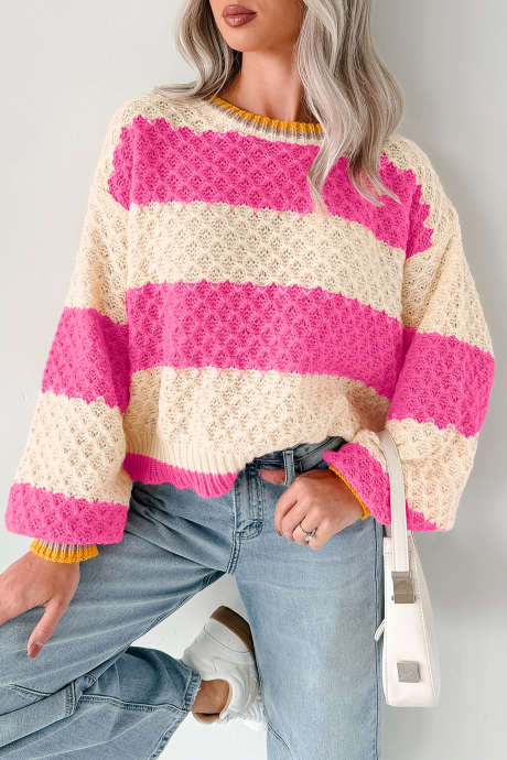 Pink Stripe Color Block Textured Knit Drop Shoulder Loose Pullover Sweater