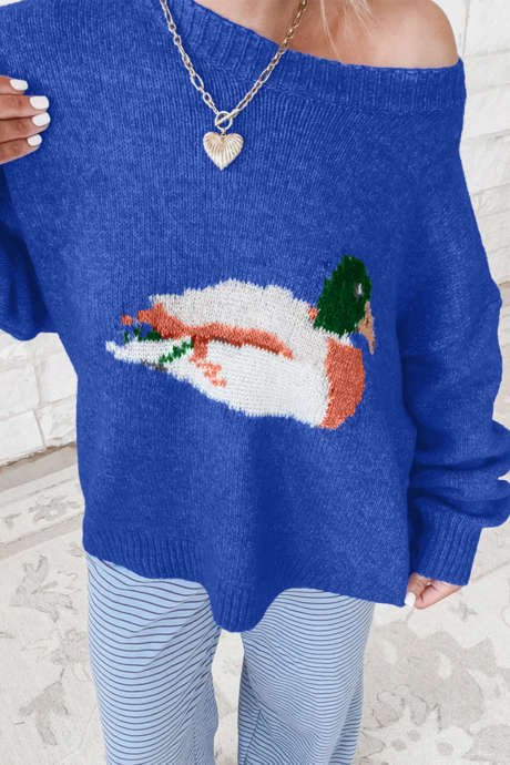 Sky Blue Retro Pattern ng Pato na Drop Shoulder Knit na Baggy Sweater