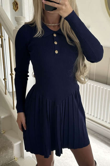 Navy Blue Elegant Long Sleeve Solid Short Fit Flare Knit Dress