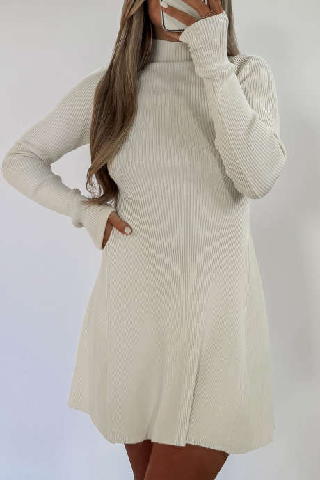 Beige Casual Ribbed Long Sleeve Fit Flare Mini Dress