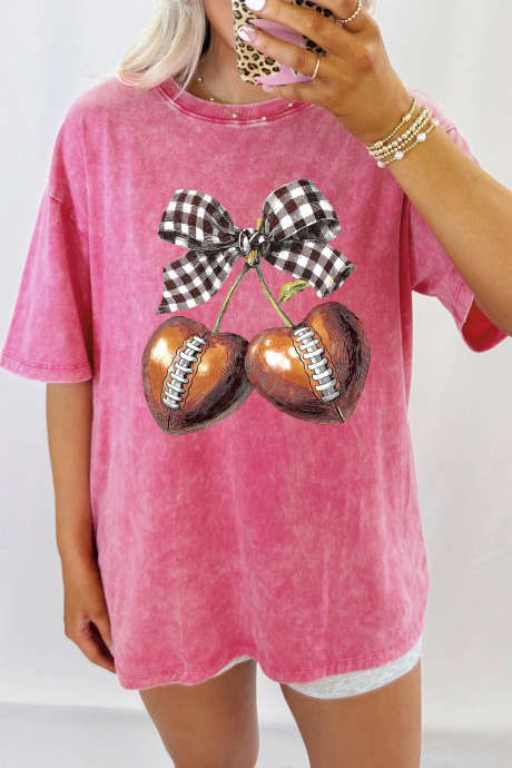 Rose Red Retro Plaid Cherry Football Game Day Graphic T Shirt
