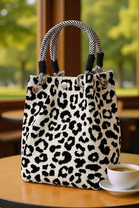 White Leopard Print Polyester Woven Thick Handle Tote Bag BH031776-P1