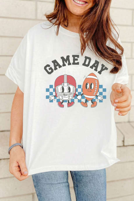 White Game Day Football Graphic Casual Loose T Shirt