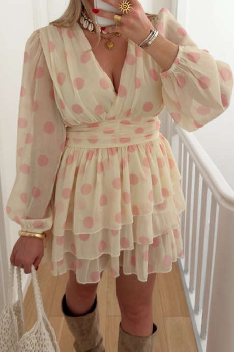 Beige Casual Long Sleeve Mini Dress Polka Dot Shift Silhouette Daily Wear