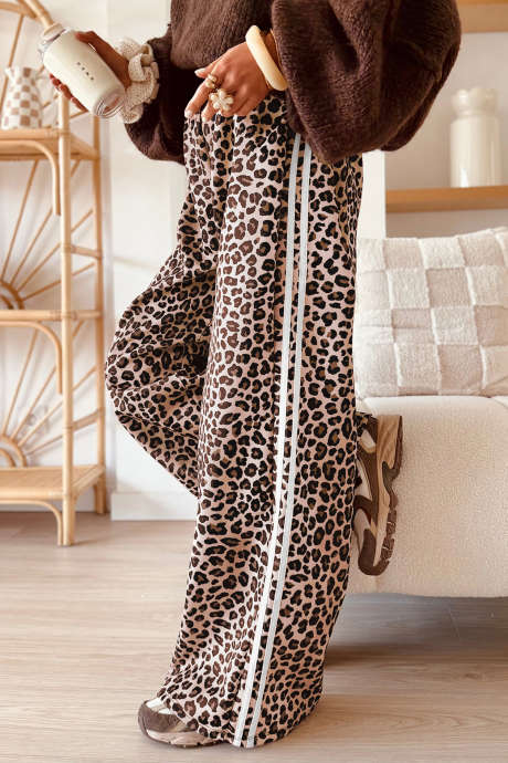 Beige Leopard Wide Leg Pants with Side Stripe Detail Casual Full-Length Trousers
