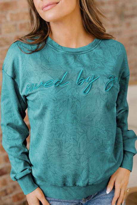 Sea Green na na-save sa pamamagitan ng grasya Letter Embroidery Mineral Wash Loose Sweatshirt