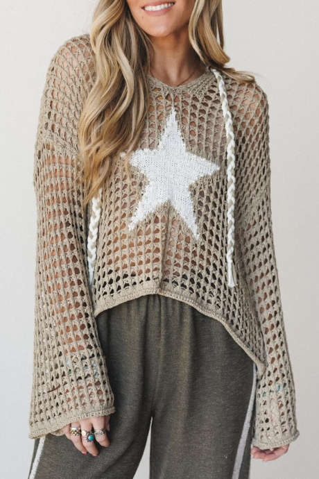 Sage Green Star Pattern Hollow Out Knit Contrast Drawstring Hooded Sweater