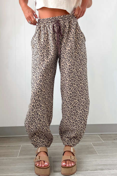 Khaki Leopard Print Ankle-Length Casual Pants with Pockets Shift Silhouette