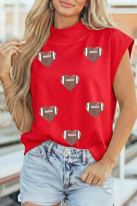Racing Red Sequin Heart Football High Neck Casual Tunic Top