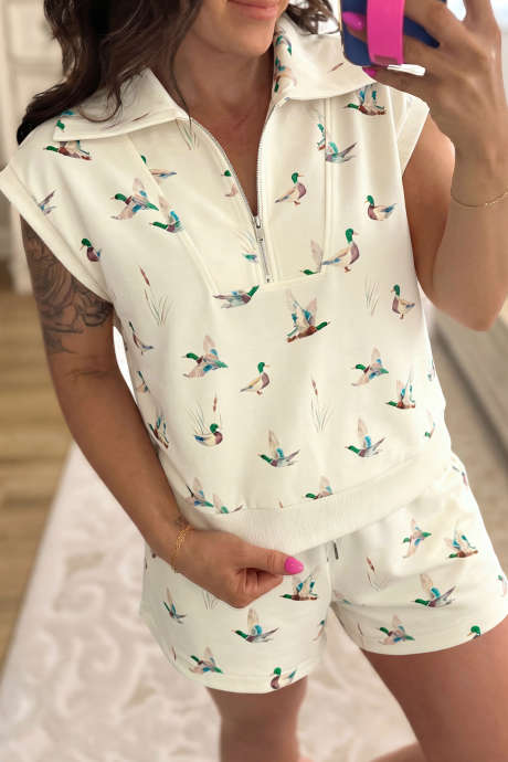 Beige Mallard Printed Zip Polo Tee Drawstring Short Set
