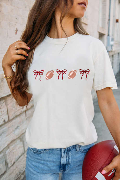 White Embroidered Football Bows Casual Round Neck T Shirt