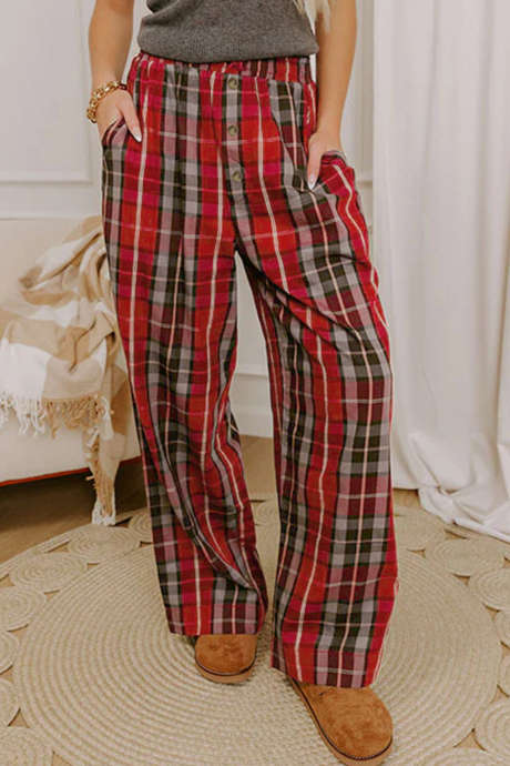 Pantalon rouge à carreaux, taille élastique, poches, longueur standard