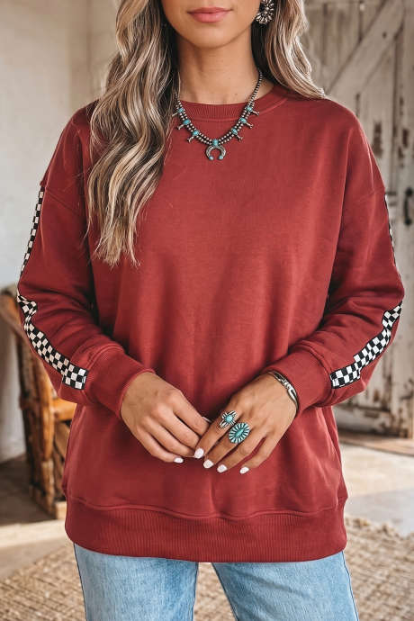 Mineral Red Plaid Striped Long Sleeve Round Neck Ribbed Cuff Casual Sweatshirt
