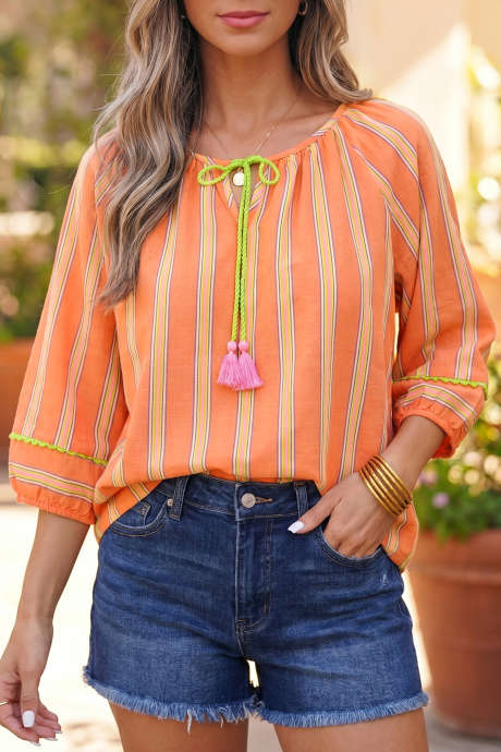 Orange Stripe Striped Tie Neck Blouse Casual Shift Top