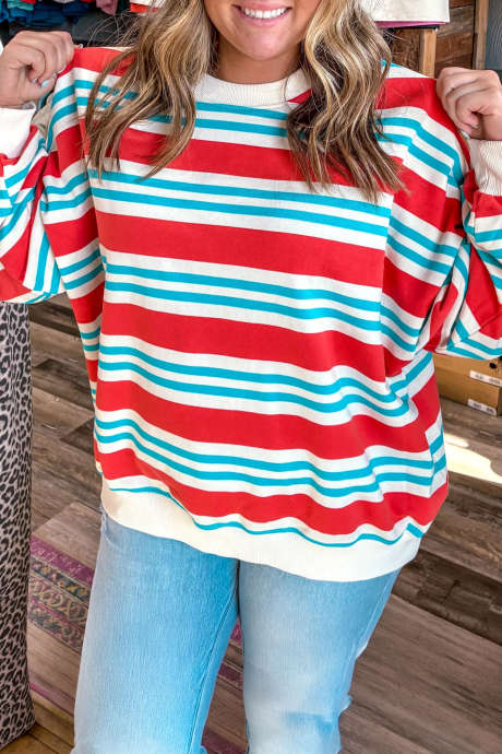 Red Stripe Casual Round Neck Long Sleeve Striped Patchwork Colorblock Shift Tunic Sweatshirt