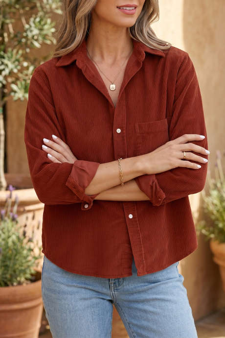Clay Adjustable Cuff Button-Down Corduroy Shirt Kaswal na Pang-araw-araw na Kasuotan