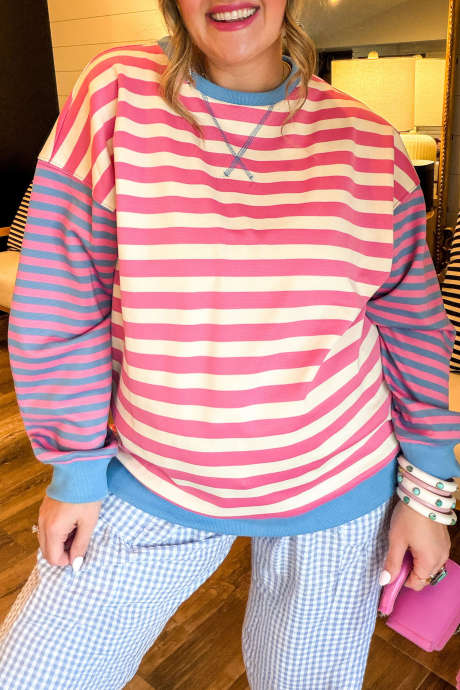 Pink Stripe Casual Striped Colorblock Long Sleeve Tunic Sweatshirt