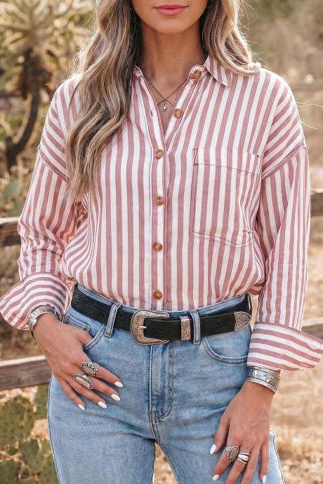 Brown Stripe Striped Western Shirt Long Sleeve Collar Placket Shaping Regular Fit