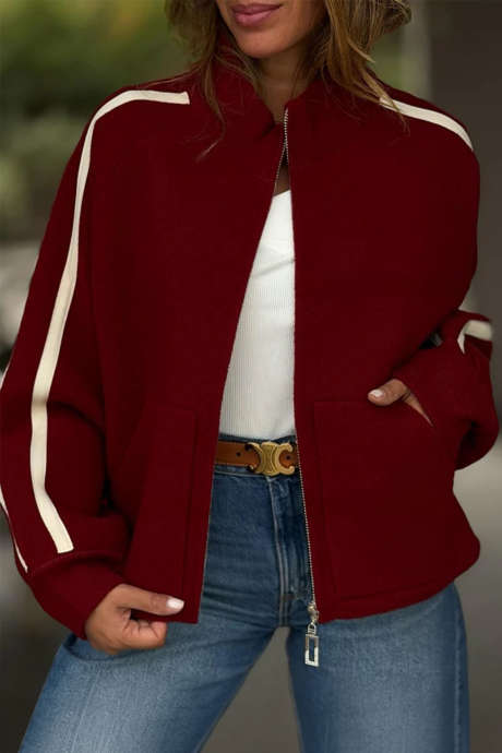 Burgundy Casual Loose Long Sleeve Colorblock Zipper Jacket