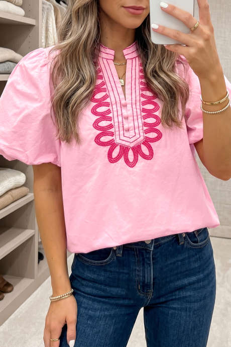 Pink na Burdado na Puff Sleeve Top
