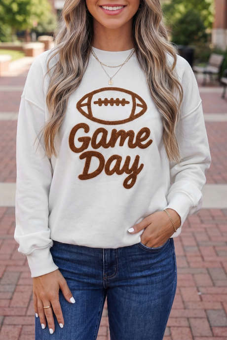 White Game Day Football Sweatshirt Drop Shoulder Towel Embroidery Long Sleeve Pullover