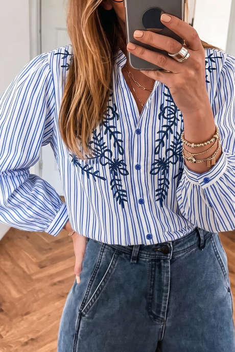 Blue Stripe Botanical Embroidered Detail Button-Down Long Sleeve Shirt