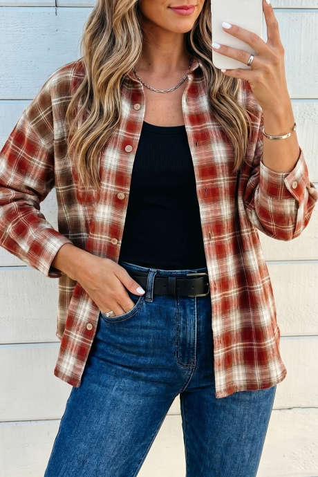 Red Contrast Plaid Corduroy Collar Patchwork Button Down Shirt