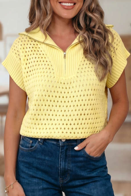 Dilaw na Eyelet Knit Ribbed Trim Zip Short Sleeve Sweater