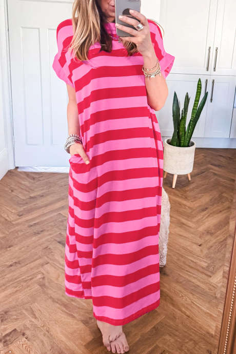Vestido largo recto con bolsillos y puños en contraste de rayas rosas