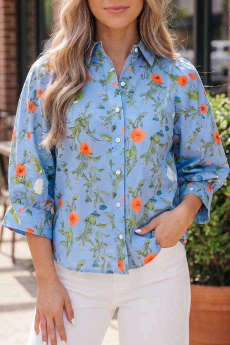 Sky Blue Floral Print Button Front Shirt Bracelet Sleeve Casual Shift Silhouette