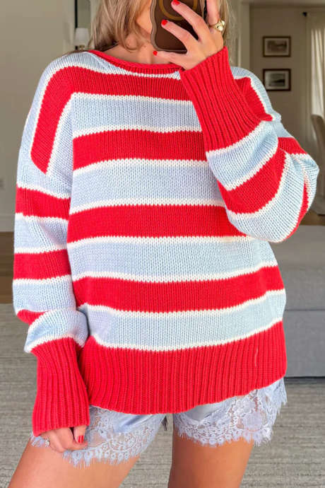 Red Stripe Casual Striped Colorblock Long Sleeve Tunic Pullover Sweater
