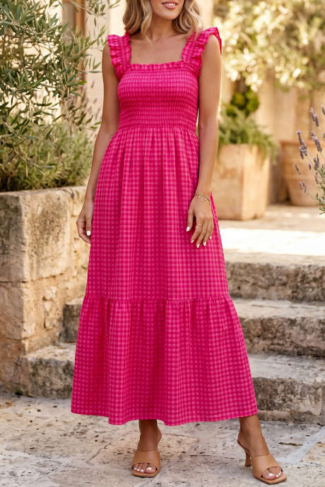 Pulang Plaid Square Neck na Fit-and-flared na Vacation Sundress