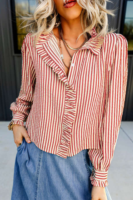 Pulang Guhit na Vintage na Guhit na Button-Up na Blusang may Ruffled Stand Neck at Long Sleeves Shift Silhouette