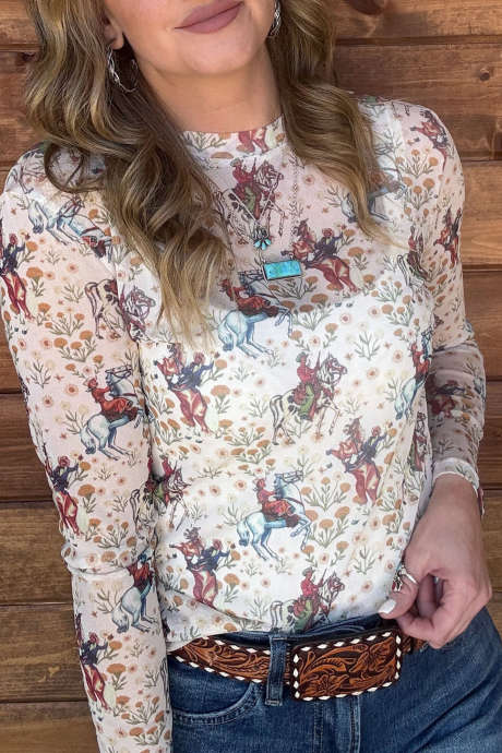 Μπεζ, Western Cowboy, Floral Print, Μακρυμάνικο, Διαφανές, Διχτυωτό Μπλούζα