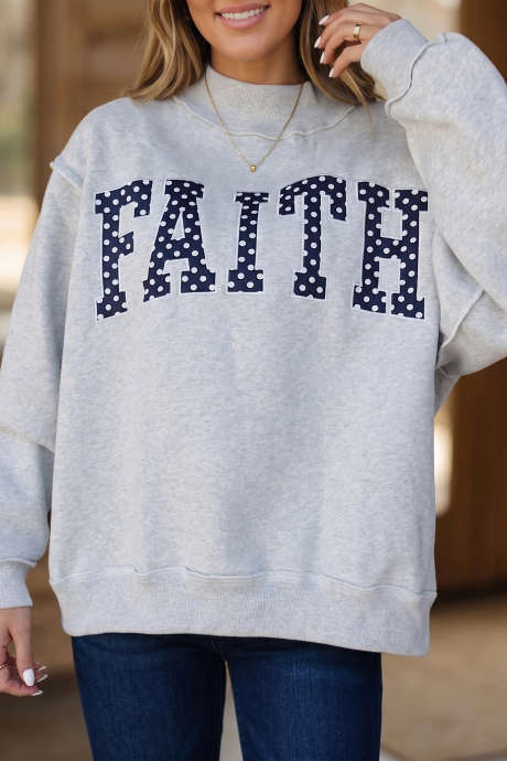 Mapusyaw na Abo na Polka Dot Slogan na May Mataas na Leeg na Mahabang Manggas na Sweatshirt na Pullover
