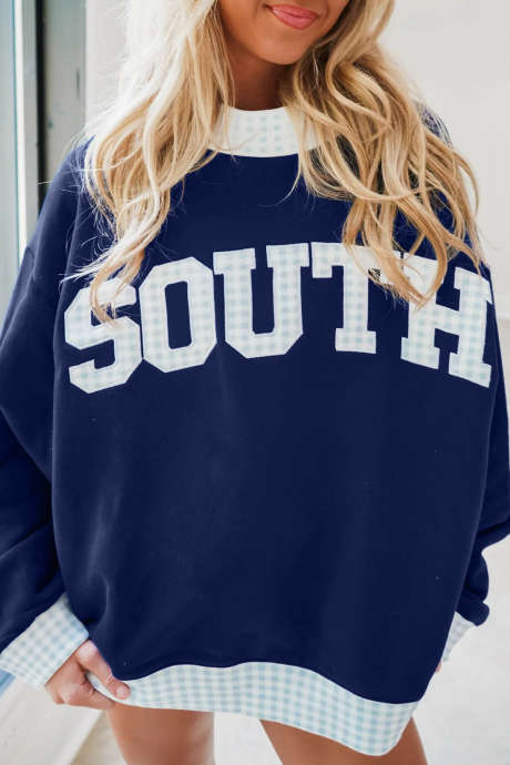 Sail Blue Plaid Trim High Neck SOUTH/ WEST Letter Graphic Baggy Sweatshirt