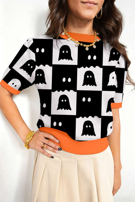Puting Geometric Ghost Color Block Trim Maikling Manggas na Knit Sweater